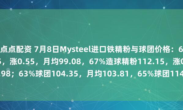 点点配资 7月8日Mysteel进口铁精粉与球团价格：65%烧结精粉100.25，涨0.55，月均99.08，67%造球精粉112.15，涨0.55，月均110.98；63%球团104.35，月均103.81，65%球团114.05，月均113.51。（单位：美元/干吨）