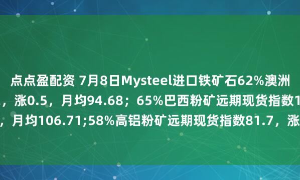 点点盈配资 7月8日Mysteel进口铁矿石62%澳洲粉矿远期现货指数95.2，涨0.5，月均94.68；65%巴西粉矿远期现货指数108.2，涨0.6，月均106.71;58%高铝粉矿远期现货指数81.7，涨0.25，月均81.43。（单位：美元/干吨）